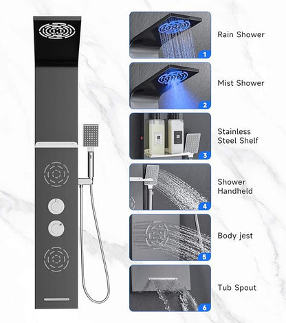 POPFLY LED Shower Panel Tower System with Shelf, MIST & Rainfall Shower Head and Rain Massage System with 2 Body Jets, Tub Spout, Handheld Shower with 59" Hose, 304 Stainless Steel, Matte Black