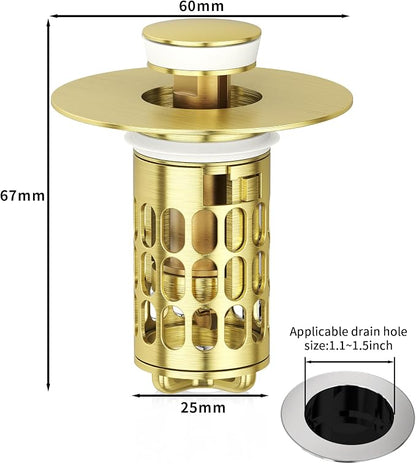 QYHNYJF Upgraded Bathroom Sink Stopper with Hair Catcher - Universal Pop-Up Drain Plug, Stainless Steel & Silicone Seal for 1.1-1.5 Inch Drains, Gold Matte Brushed Finish (Gold Matte Brushed)