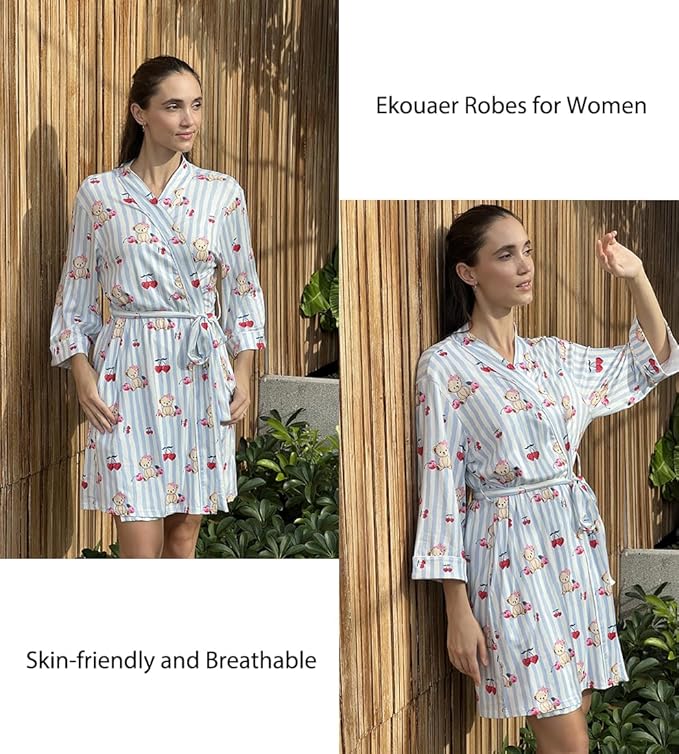 Ekouaer Women Kimono Robes Knee Length Knit Bathrobe Lightweight Soft Sleepwear V-neck Casual Ladies Loungewear
