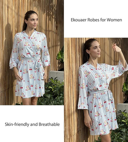 Ekouaer Women Kimono Robes Knee Length Knit Bathrobe Lightweight Soft Sleepwear V-neck Casual Ladies Loungewear