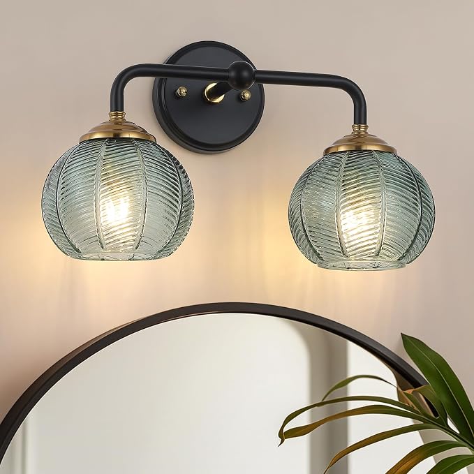 Mecgirn Bathroom Vanity Light Fixtures, 2-Light Green Glass Shade, Modern Black and Gold Wall Sconce, Unique Textured Leaf Pattern, Ceramic E26 Sockets Wall Mounted for Mirror, Cabinet, Hallway