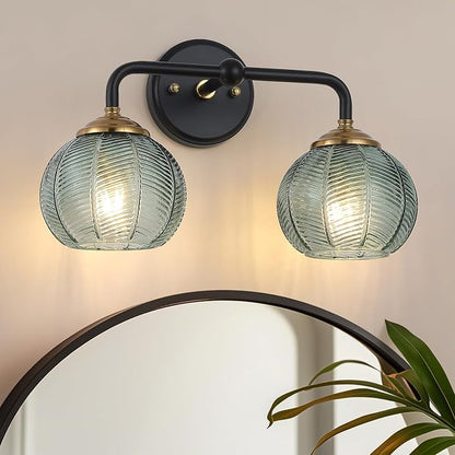 Mecgirn Bathroom Vanity Light Fixtures, 2-Light Green Glass Shade, Modern Black and Gold Wall Sconce, Unique Textured Leaf Pattern, Ceramic E26 Sockets Wall Mounted for Mirror, Cabinet, Hallway