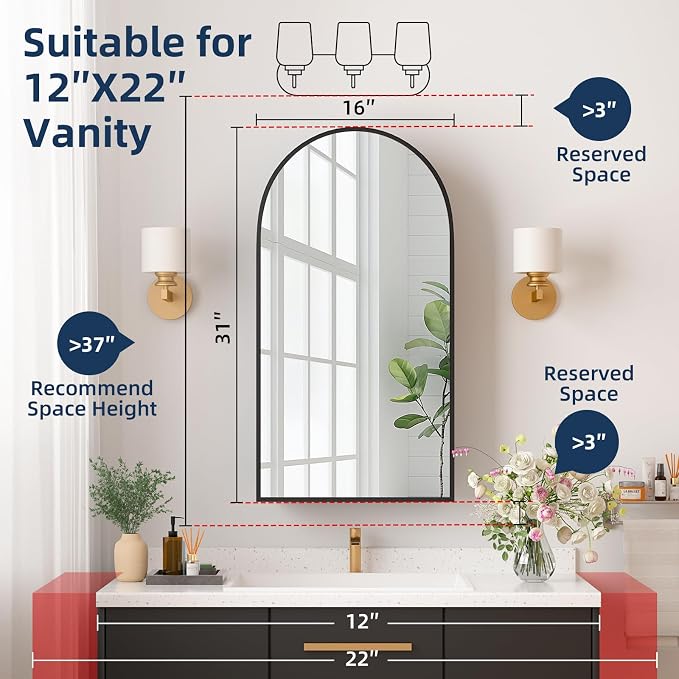 Medicine Cabinets for Bathroom, Black Arched Medicine Cabinet Recessed or Surface Wall-Mounted,Modern Bathroom Vanity Mirror with Storage, Mirrored Cabinet with Adjustable Shelves,16x31 Inch