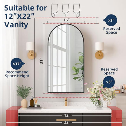 Medicine Cabinets for Bathroom, Black Arched Medicine Cabinet Recessed or Surface Wall-Mounted,Modern Bathroom Vanity Mirror with Storage, Mirrored Cabinet with Adjustable Shelves,16x31 Inch
