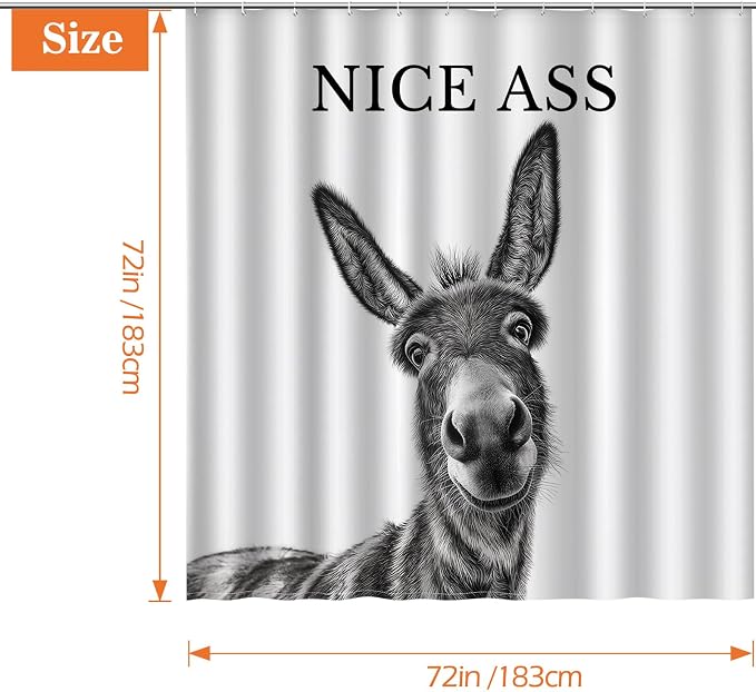 Funny Donkey Nice Ass Shower Curtain Gag Gift Farmhouse Decor Animal Black and White Novelty Sarcastic Rustic Bathroom Bath Decor Bathtub Curtain Fabric Shower Curtain Set with 12 Hooks, 72"x72"