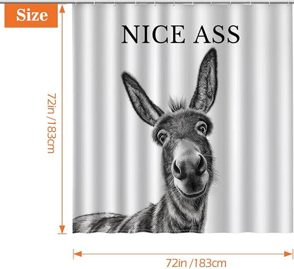 Funny Donkey Nice Ass Shower Curtain Gag Gift Farmhouse Decor Animal Black and White Novelty Sarcastic Rustic Bathroom Bath Decor Bathtub Curtain Fabric Shower Curtain Set with 12 Hooks, 72"x72"
