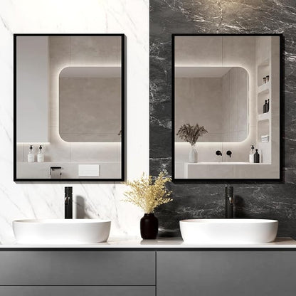 Rectangular Wall Mirror, Black Aluminum Frame, 20x28 Inches, Modern Style, Tempered Glass, Wall Mount for Bathroom Bedroom Living Room