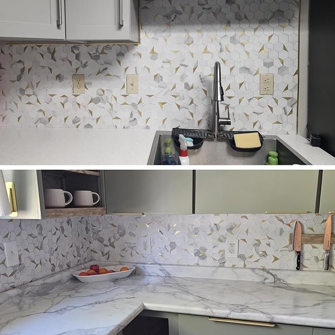 10-Sheet Heavy-Duty Hexagon Peel and Stick Backsplash, Thick Waterproof &Heat Resistant Stick on Wall Tiles, Marble White Mosaic for Kitchen & Bathroom, Strong Adhesive Permanent PVC Tiles