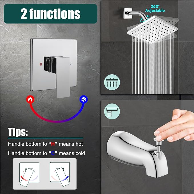 Heyalan 6-Inch Shower Faucet Set with Tub Spout and Valve,Polished Chrome | 6-inch square rainfall head, tub spout with diverter, male-thread rough-in valve, single-handle control and wall-mount design
