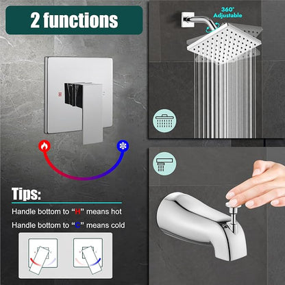 Heyalan 6-Inch Shower Faucet Set with Tub Spout and Valve,Polished Chrome | 6-inch square rainfall head, tub spout with diverter, male-thread rough-in valve, single-handle control and wall-mount design