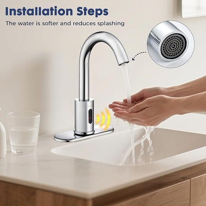 Touchless Bathroom Faucets for 1 or 3 Hole, Tall Body Automatic Bathroom Sink Faucets with Deck Plate,Silver Motion Sensor Commercial Faucets for Bathroom&Kitchen,360° Swivel Spout,Chrome