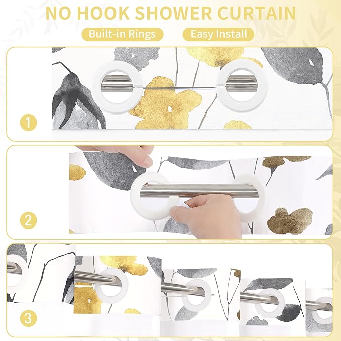 No Hook Yellow Watercolor Floral Shower Curtain and Liner Set, 72x74 | Spring Flower Shower Curtains with Snap-in Liner for Farmhouse Bathroom Decor, Botanical Bathroom Curtain with Leaves