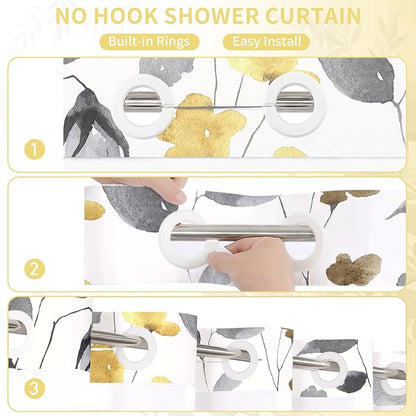 No Hook Yellow Watercolor Floral Shower Curtain and Liner Set, 36x74 | Spring Flower Shower Curtains with Snap-in Liner for Farmhouse Bathroom Decor, Botanical Bathroom Curtain with Leaves