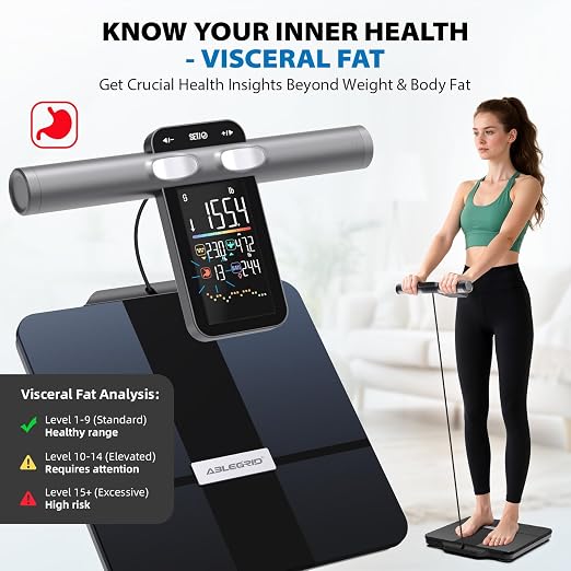 ABLEGRID 8-Electrode Digital Smart Bathroom Scale for Body Weight and Fat Percentage,Full Body Composition Analyzer with Gradient Trends Display,12.2" Platform Handle BMI Weighing Machine,400lb