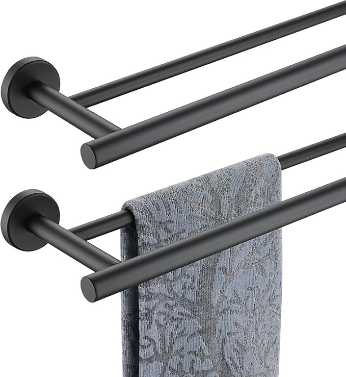 JQK Black Double Towel Bar, 20.5 Inch 304 Stainless Steel Thicken 0.8mm Towel Rack Bathroom, Towel Holder Matte Black Wall Mount, Useable Length 18 Inch 2 Pack, TB100L18-PB-P2