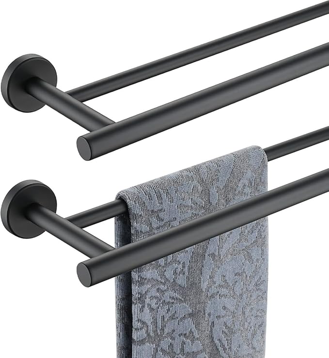 JQK Double Towel Bar 27 Inch, Matte Black Useable Length 24 Inch 304 Stainless Steel Thicken 0.8mm Bath Towel Rack for Bathroom, Towel Holder Wall Mount 2 Pack, TB100L24-PB-P2