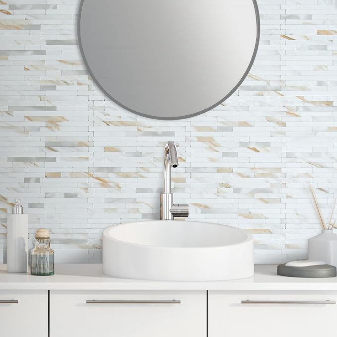 AULIGET 20 Sheets Calacatta Gold Peel and Stick Backsplash, PVC Mixed Metal Silver Wall Tile Stick on Backsplash for Kitchen and Bathroom