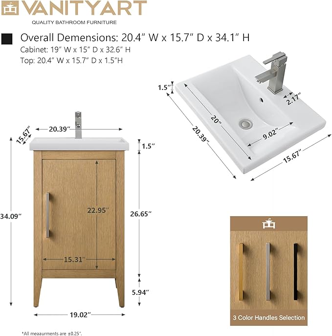 Vanity Art 20 inch Bathroom Vanity with Single Sink & Ceramic Top, Vanity Cabinet with Soft-Closing Doors, Solid Wood Frame, Natural Oak, VA9020-NO-GB1