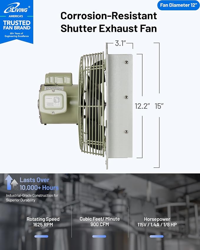 iLiving 12-Inch Corrosion Resistance Shutter Exhaust Fan, Single Speed