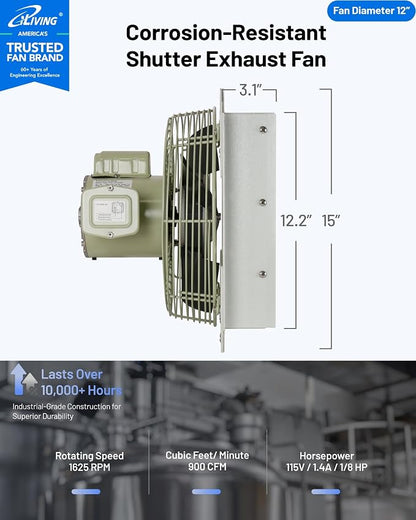 iLiving 12-Inch Corrosion Resistance Shutter Exhaust Fan, Single Speed