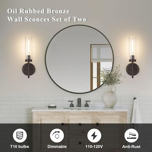 Oil Rubbed Bronze Wall Sconces Set of Two, Bathroom Wall Sconces Vanity Lights with Clear Glass Shade, Modern Farmhouse Wall Mount Lights for Mirror Bedroom Living Room Stairwell Hallway