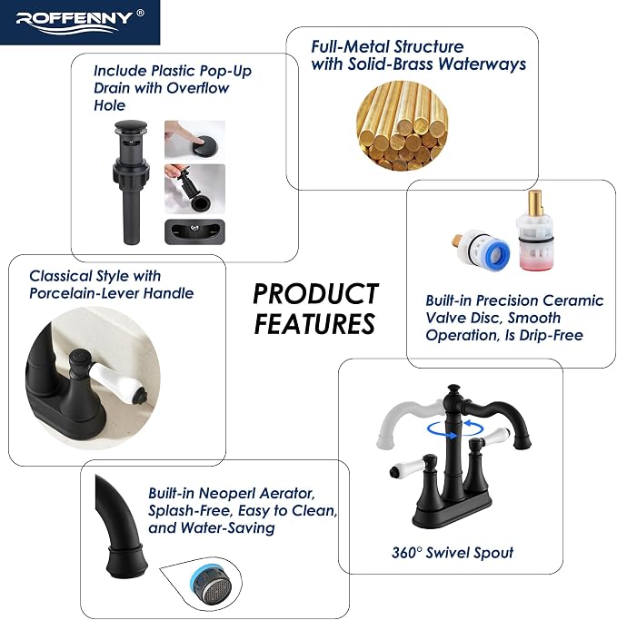 Porcelain 2-Handle Matte Black Bathroom Faucet 4 Inch Centerset | with Plastic Pop-up Drain, Classical Black Bath Lavatory Vanity Faucets for 2/3 Hole Sinks, High Arc 360° Swivel Brass Spout