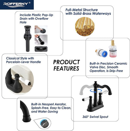 Porcelain 2-Handle Matte Black Bathroom Faucet 4 Inch Centerset | with Plastic Pop-up Drain, Classical Black Bath Lavatory Vanity Faucets for 2/3 Hole Sinks, High Arc 360° Swivel Brass Spout