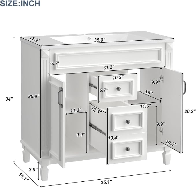 Merax 36" Bathroom Vanity with Sink Combo, Wood Freestanding Storage Cabinet Set W/2 Soft Closing Doors and 2 Drawers