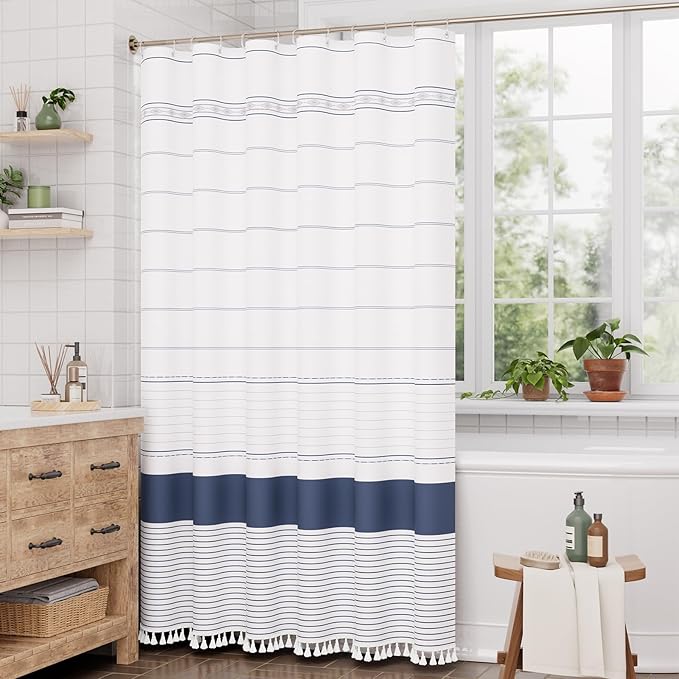 AmazerBath Boho Shower Curtain Set, Rustic Faux Linen Navy Blue Striped Shower Curtain with Hooks, Modern Farmhouse Shower Curtain with Tassels, White Base Toned, 72x72 Inches