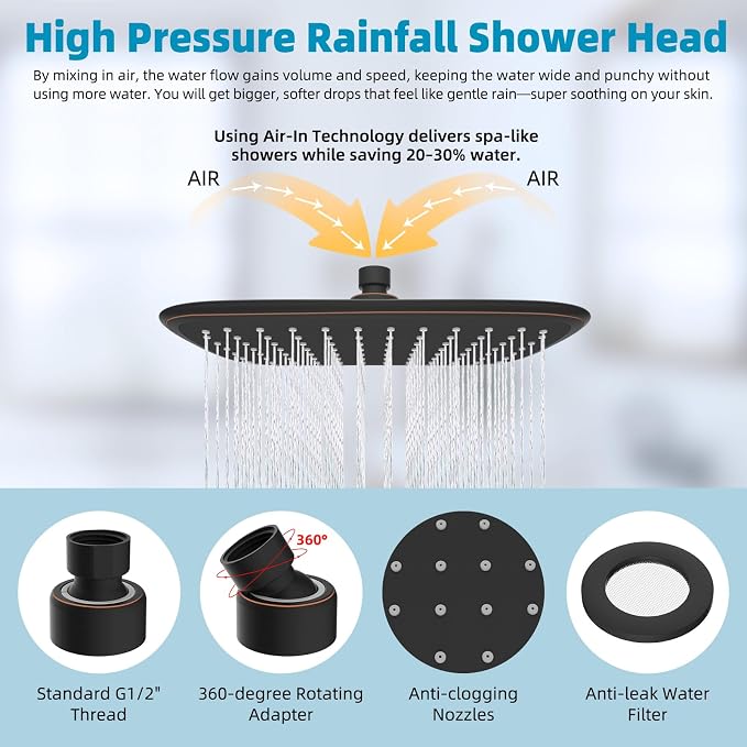 Rain Shower Head with 12" Metal Extension Arm, 10" High-Pressure Showerhead | Oil Rubbed Bronze, Boosting Rainfall/Fixed Showerhead, Shower Head Extender Adjustable Height/Angle, 1-Min Easy to Install