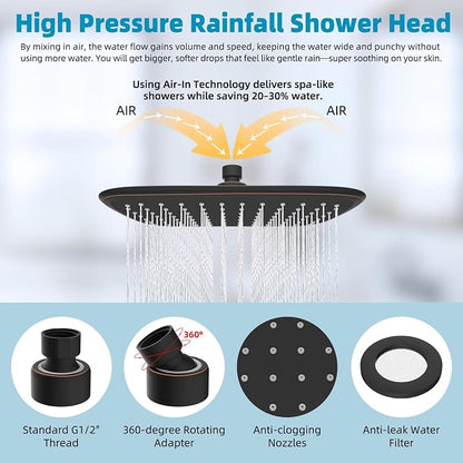 Rain Shower Head with 12" Metal Extension Arm, 10" High-Pressure Showerhead | Oil Rubbed Bronze, Boosting Rainfall/Fixed Showerhead, Shower Head Extender Adjustable Height/Angle, 1-Min Easy to Install