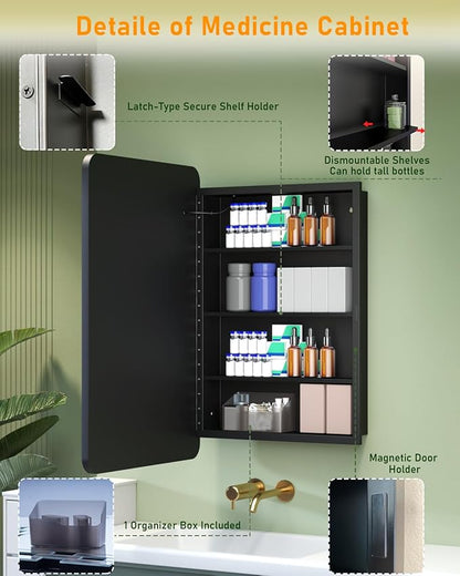 20x30 Inch LED Lighted Medicine Cabinet Mirror, Bathroom Mirror with Lights and Storage Wall Mounted & Recessed with Anti-Fog, Dimmable 3 Color Light with Memory, 3 Shelves & 1 Organizer Box, Black