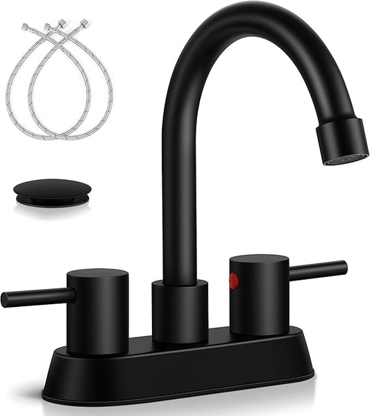 Matte Black Bathroom Faucet for 3 Hole, Herogo 4 Inch 2-Handle Bathroom Sink Faucet with Pop-Up Drain and Supply Hoses, 18/10 Stainless Steel Faucets for RV Vanity