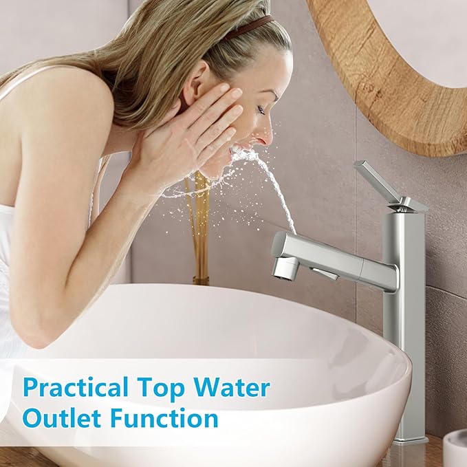 MIAOHUI Vessel Sink Faucet with Pull Out Sprayer, 3 Spray Mode Tall Bathroom Sink Faucet, High Bathroom Faucets for Sink 1 Hole, Single Handle Modern Vanity Faucet with Fountain Mode, Brushed Nickel