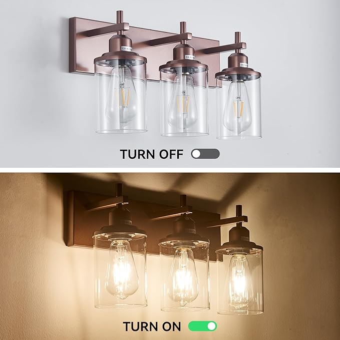 3-Light Bronze Bathroom Light Fixtures Over Mirror,Modern Bathroom Vanity Light with Clear Glass Shade, Wall Sconce for Bathroom Hallway Cabinet Bedroom Kitchen Living Room Foyer E26 Base