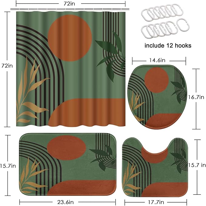 Bathroom Sets with Shower Curtain and Rugs, Boho 4 Pcs Mid | Century Modern Minimalist Bathroom Decor Set with Toilet Lid Cover, Non-Slip Bath Mats and Accessories 12 Hooks