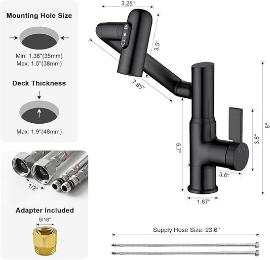 Lefton Rotatable Bathroom Faucet with Temperature Display in Fahrenheit (Batteries-Free), 3 Water Outlet Modes, Matte Black, BF2204-3