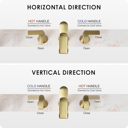 Brushed Gold Bathroom Faucet 3 Hole, 4-8 Inch Brass Widespread Waterfall Bathroom Sink Faucets with Pop Up Drain and cUPC Supply Line, 2 Handles for Vanity, Lavatory, Restroom, Apartment, Modern