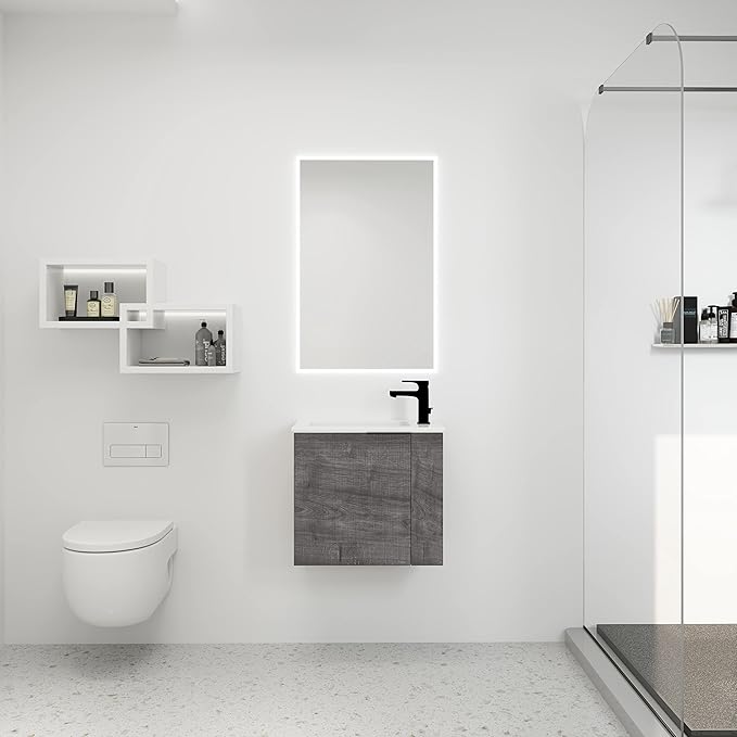 Henf Wall Mount 22 Inch Bathroom Vanity W/Sink Combo for Small Space, Modern Design Vanity Cabinet Gel Basin Countertop, Float Mounting Design Cabinet Set with Soft Close Doors, Gray (Without Faucet)