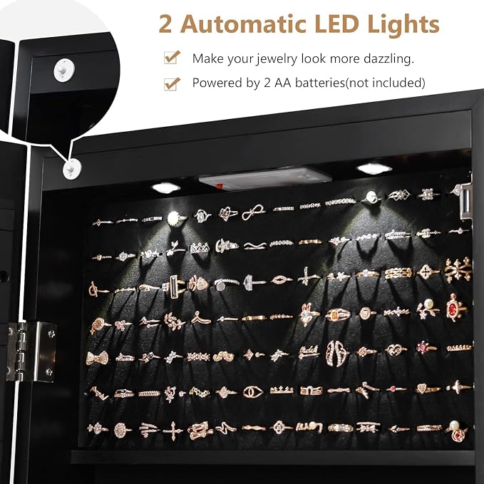 Moccha Wall Door Jewelry Armoire, Full Screen Jewelry Cabinet for Bedroom, Lockable Jewelry Cabinet, Jewelry Organizer Storage with 2 LED Lights and 2 Drawers, Black