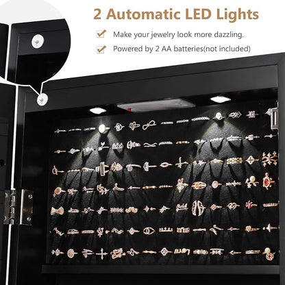 Moccha Wall Door Jewelry Armoire, Full Screen Jewelry Cabinet for Bedroom, Lockable Jewelry Cabinet, Jewelry Organizer Storage with 2 LED Lights and 2 Drawers, Black