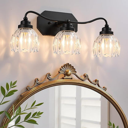 Vintage Bathroom Light Fixtures, 3 Light Bathroom Vanity Light, Black Matte Antique Brass Finish with Crystal Glass Shade, Mid Century Wall Sconces for Bedroom, Living Room, Hallway
