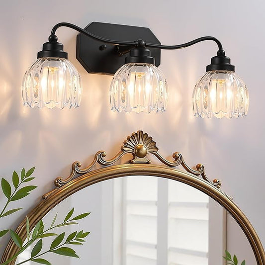 Vintage Bathroom Light Fixtures, 3 Light Bathroom Vanity Light, Black Matte Antique Brass Finish with Crystal Glass Shade, Mid Century Wall Sconces for Bedroom, Living Room, Hallway