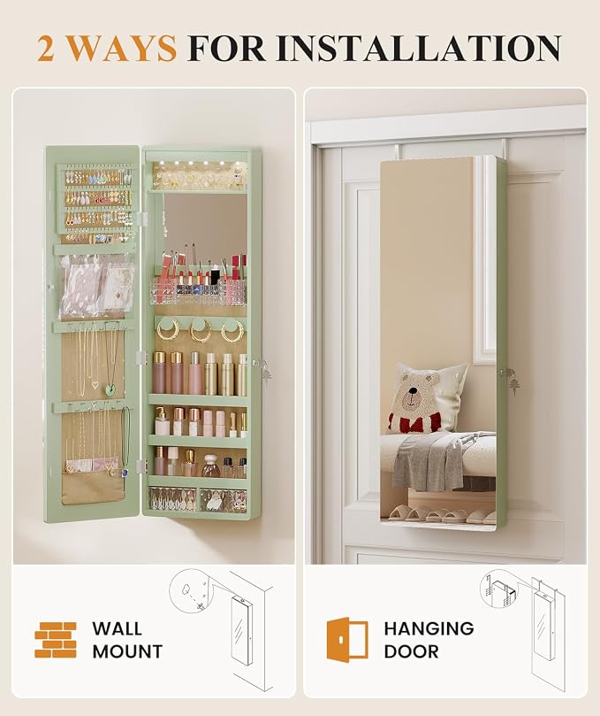 LVSOMT Over the Door Jewelry Organizer with Mirror Door Mirror with Storage | Jewelry Mirror Cabinet with Large Capacity, 6 LED Lights,Velvet Lining, Space-Saving for Bedroom, Cloakroom, Gift Women Girls