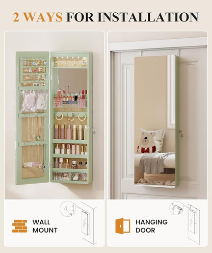 LVSOMT Over the Door Jewelry Organizer with Mirror Door Mirror with Storage | Jewelry Mirror Cabinet with Large Capacity, 6 LED Lights,Velvet Lining, Space-Saving for Bedroom, Cloakroom, Gift Women Girls