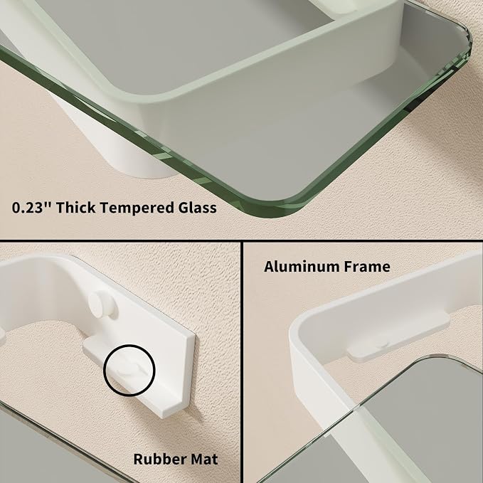 8-Inch Small Wall Shelf, Clear Tempered Glass with Matte White Aluminum Frame – Sleek Floating Bathroom Organizer