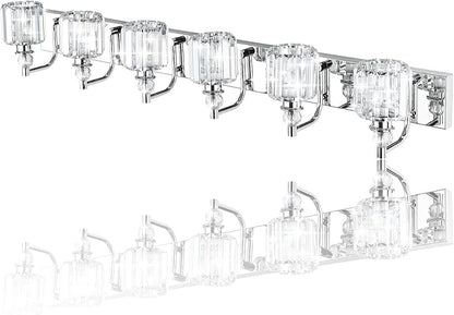 Ralbay Crystal Vanity Lights 6 Light 48" Modern Crystal Bathroom Lights Fixtures Over Long Mirror Stainless Steel Chrome Vanity Light for Bathroom Wall Lights Fixtures