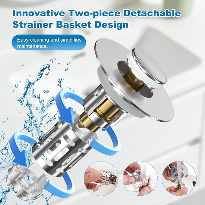 Hibbent Universal Bathroom Sink Drain Strainer, Upgraded 3 in 1 Pop Up Stopper with Removable Stainless Steel Filter Basket, Brass Bullet Core, Hair Catcher Sink Plug for 1.1''~2.36'' Hole, Chrome