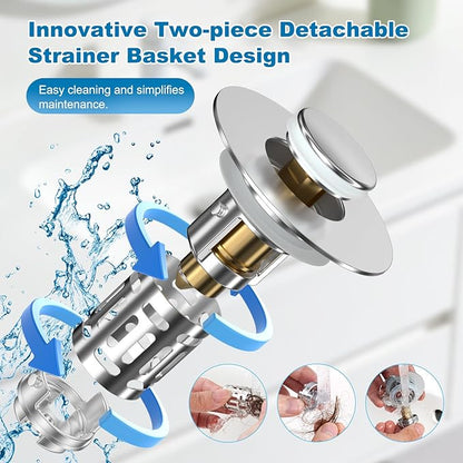 Hibbent Universal Bathroom Sink Drain Strainer, Upgraded 3 in 1 Pop Up Stopper with Removable Stainless Steel Filter Basket, Brass Bullet Core, Hair Catcher Sink Plug for 1.1''~2.36'' Hole, Chrome