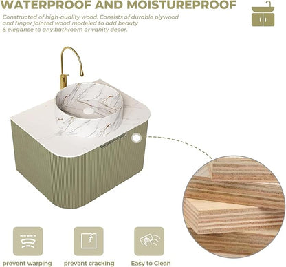 LKTART 24 Inch Floating Bathroom Vanity with Sink, Modern Wall Mounted Bathroom Storage Cabinet with Drawer, Stone Pattern Round White Ceramic Sink Top and Marble Texture Top, Green